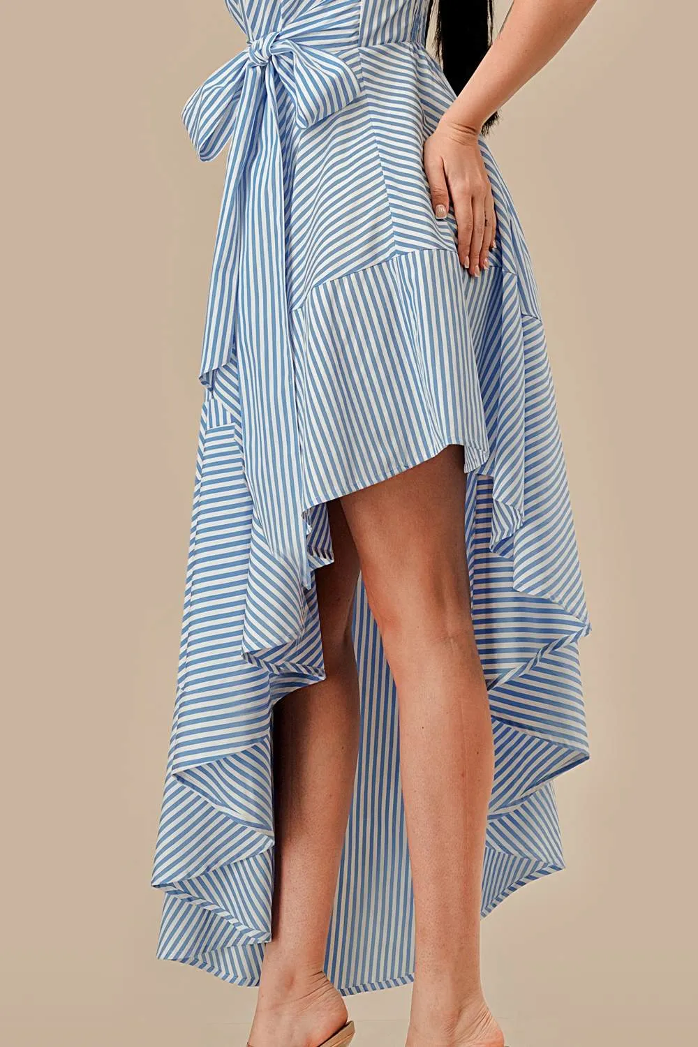 AD4077E / STRIPE & HARDWARE TRIM ONE SHOULDER ASYMMETRICAL DRESS