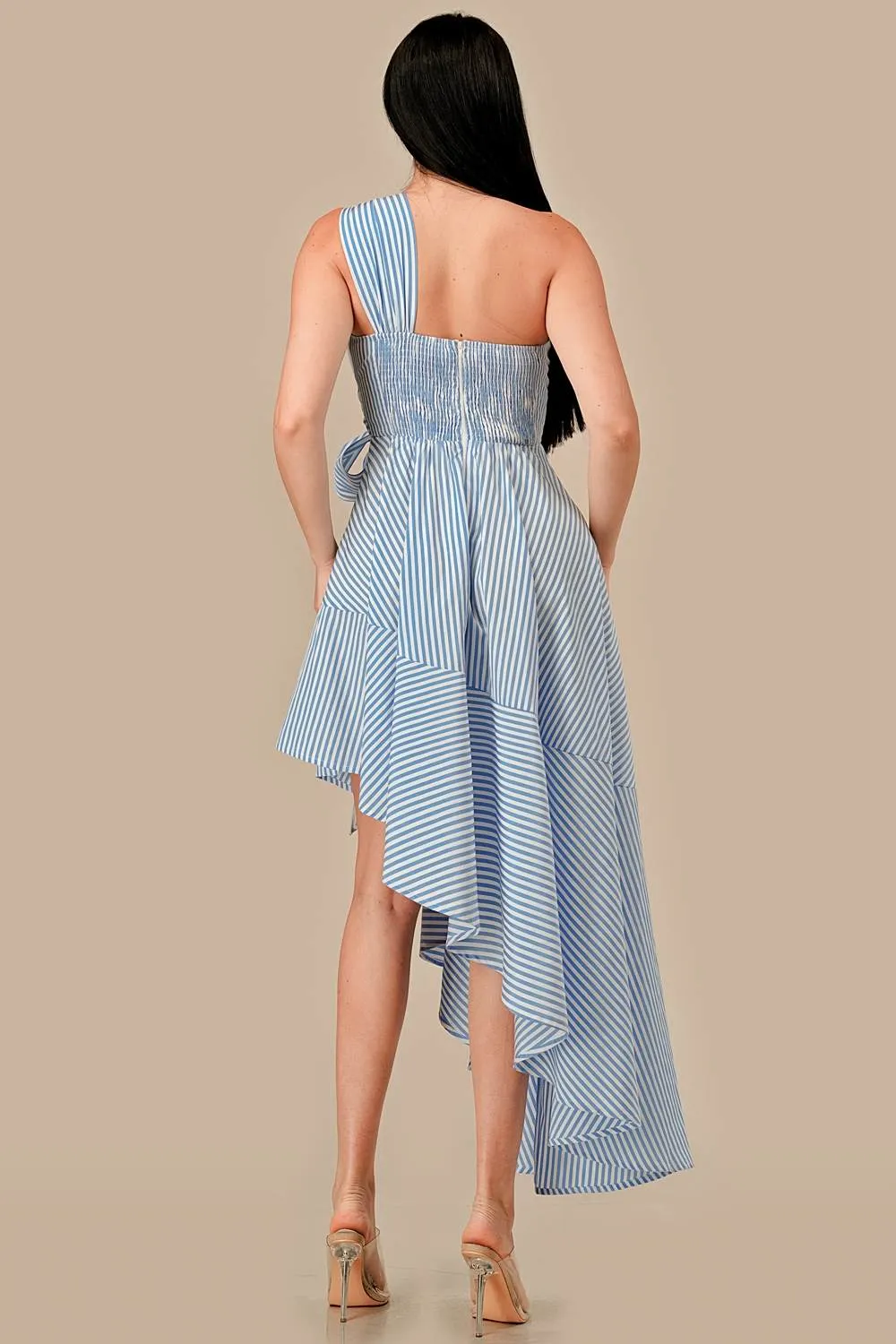 AD4077E / STRIPE & HARDWARE TRIM ONE SHOULDER ASYMMETRICAL DRESS