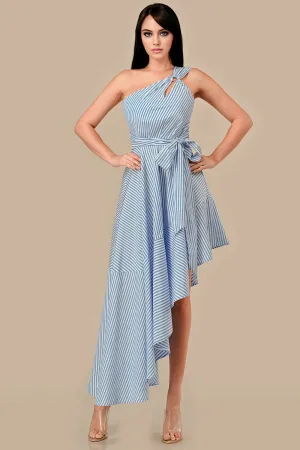 AD4077E / STRIPE & HARDWARE TRIM ONE SHOULDER ASYMMETRICAL DRESS