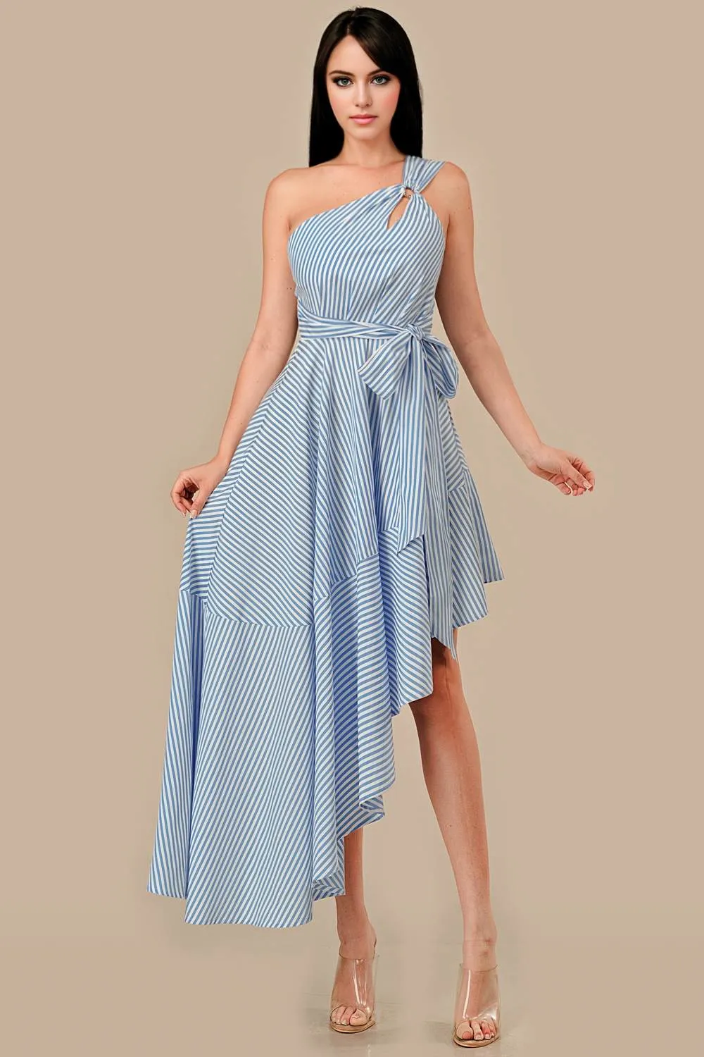 AD4077E / STRIPE & HARDWARE TRIM ONE SHOULDER ASYMMETRICAL DRESS