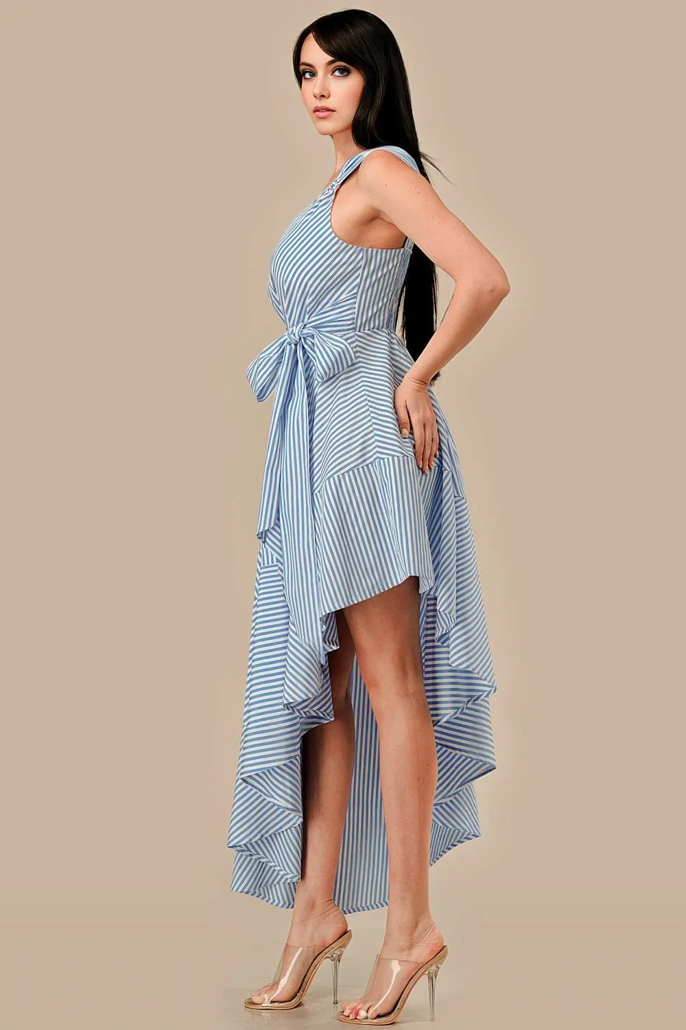 AD4077E / STRIPE & HARDWARE TRIM ONE SHOULDER ASYMMETRICAL DRESS