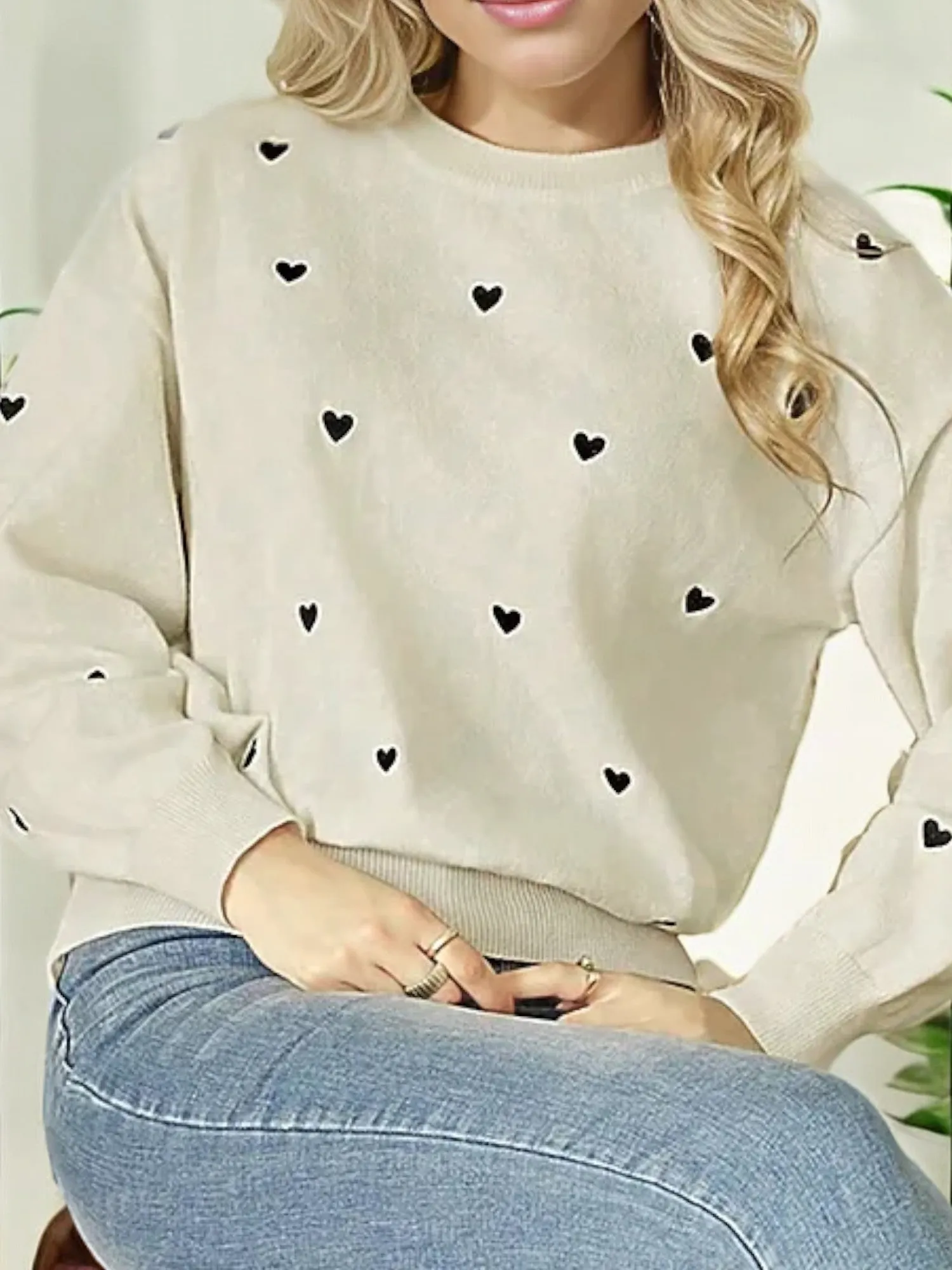 Anna-Kaci Women's Heart Embroidered Knit Sweater with Long Sleeves and Crew Neckline