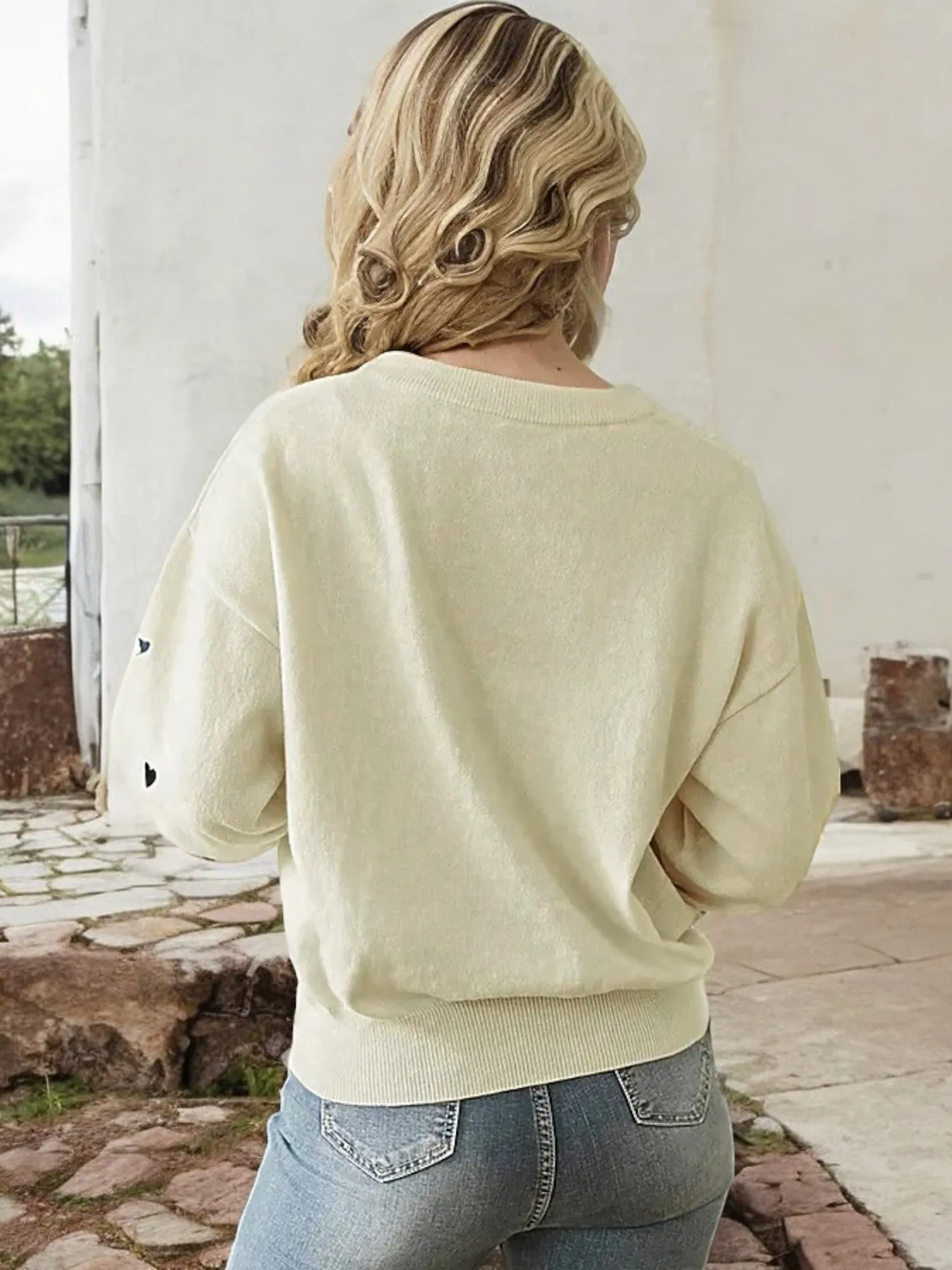 Anna-Kaci Women's Heart Embroidered Knit Sweater with Long Sleeves and Crew Neckline