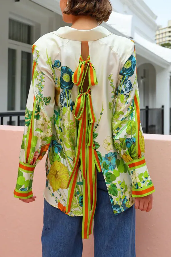 Antibes Satin Floral Print Back Tie-up Button Down Oversized Blouse