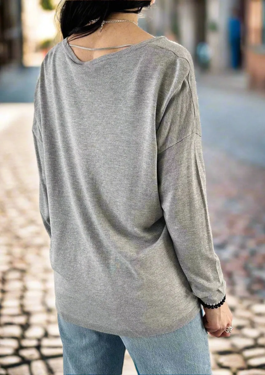 BACK TO BASICS KNITTED GREY MELANGE SWEATER
