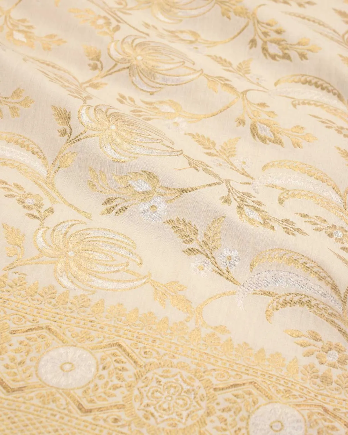 Beige Banarasi Gold & Silver Zari Floral Jaal Cutwork Brocade Handwoven Muga Silk Saree