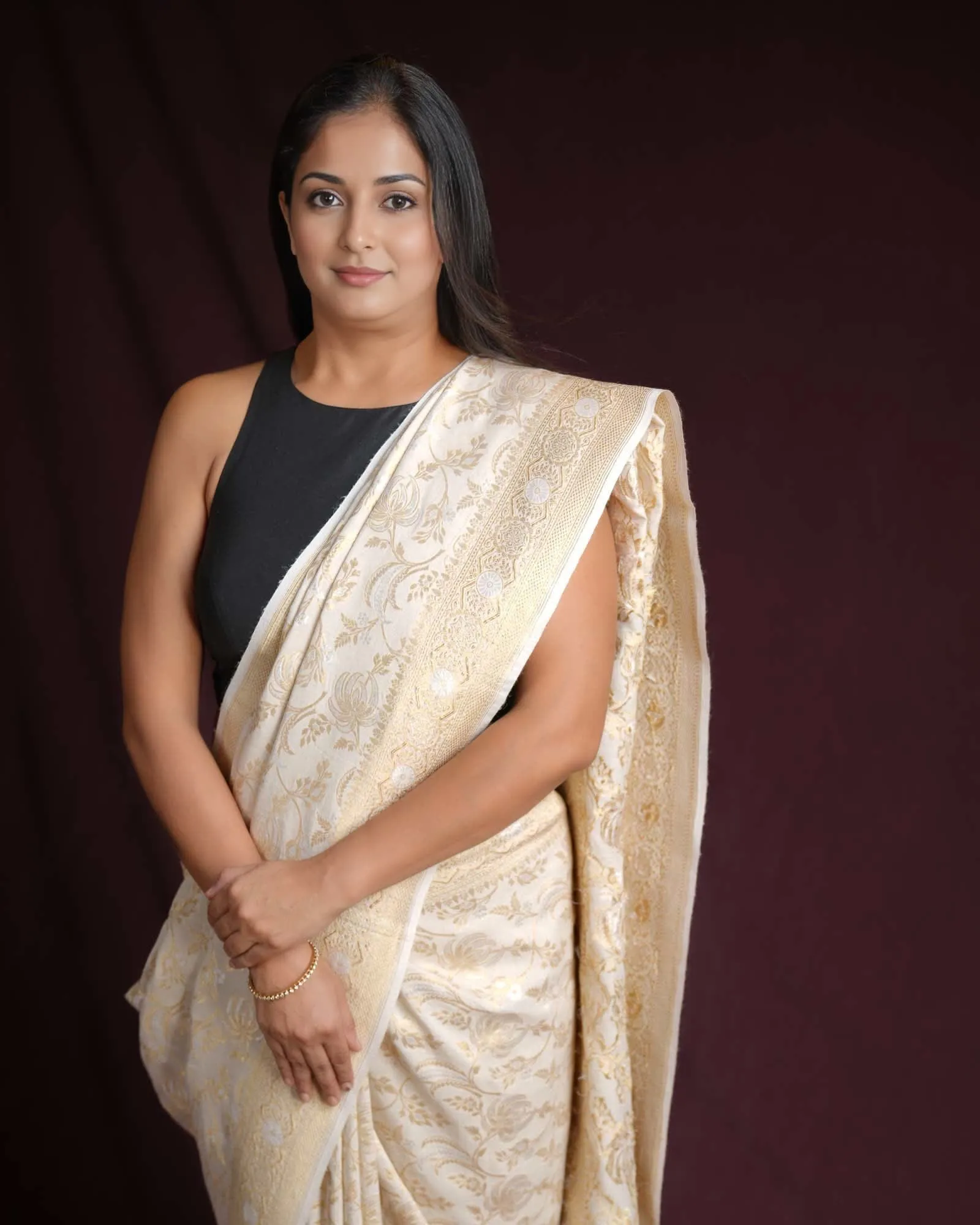 Beige Banarasi Gold & Silver Zari Floral Jaal Cutwork Brocade Handwoven Muga Silk Saree