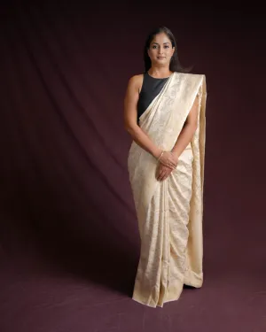 Beige Banarasi Gold & Silver Zari Floral Jaal Cutwork Brocade Handwoven Muga Silk Saree