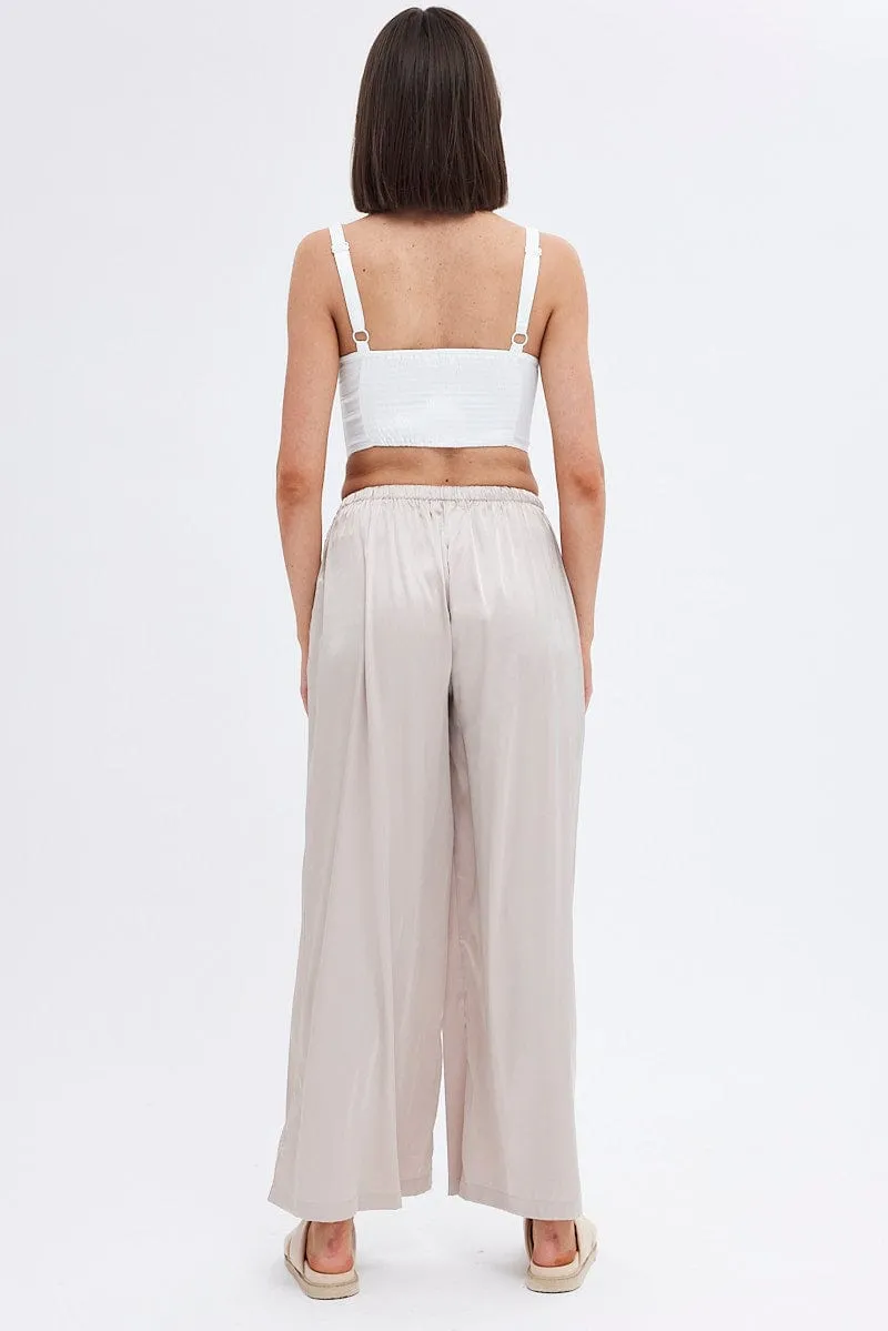 Beige Wide Leg Pants High Rise