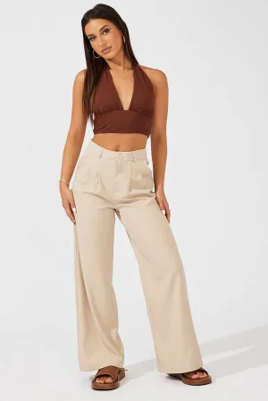Beige Wide Leg Pants High Rise