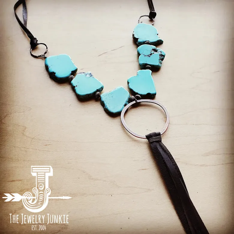 Blue Turquoise Slab Necklace with Long Leather Tassel 226G