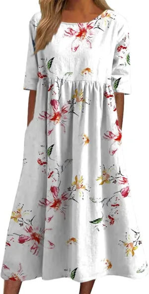 Boho Dress for Women Floral Print Crewneck Short Sleeve Tiered Pleated Long Sundresses Summer Casual Loose Dresses