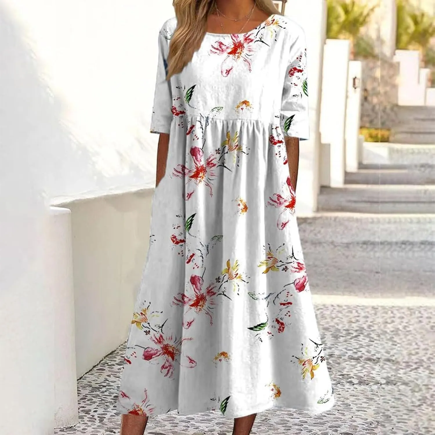Boho Dress for Women Floral Print Crewneck Short Sleeve Tiered Pleated Long Sundresses Summer Casual Loose Dresses