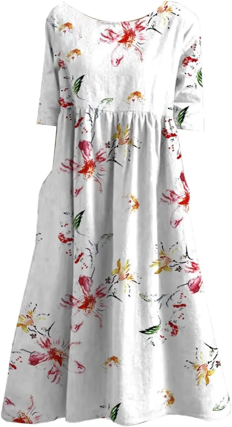 Boho Dress for Women Floral Print Crewneck Short Sleeve Tiered Pleated Long Sundresses Summer Casual Loose Dresses