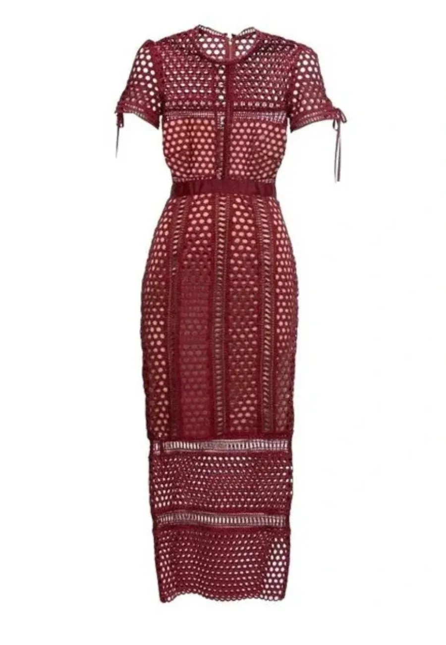 Burgundy Grid Lace Midi Dress