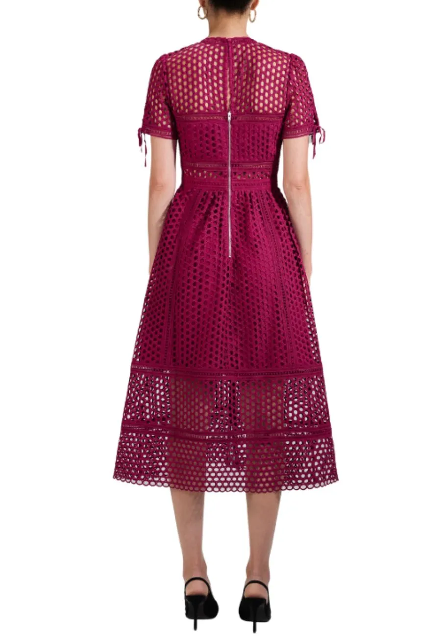 Burgundy Grid Lace Midi Dress