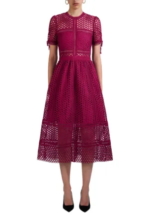 Burgundy Grid Lace Midi Dress