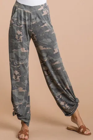 Camo Tied Hem Pants with Side Split