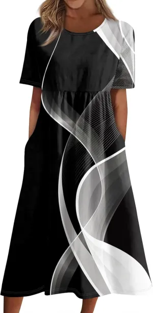 Casual Summer Spring Short Sleeve Midi Dress Trendy Plus Size Smocked Flowy Dress Elegant Formal Vintage Floral Dress
