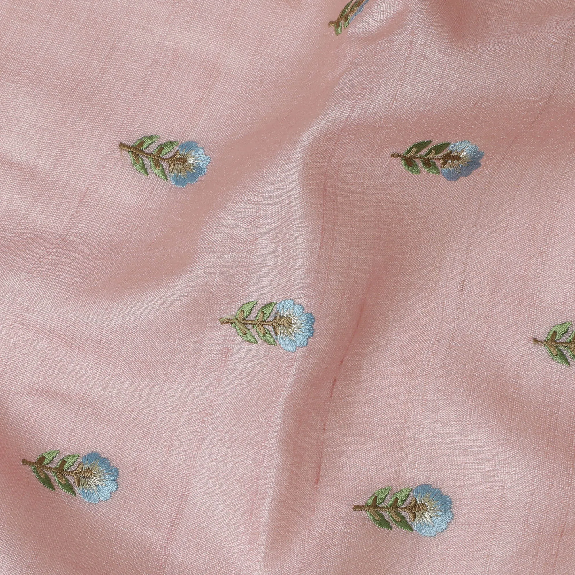 Charming Blush Pink Tussar Silk Fabric with Delicate Blue Floral Motifs, 110 cm Wide - Traditional Indian Craftsmanship-D18971