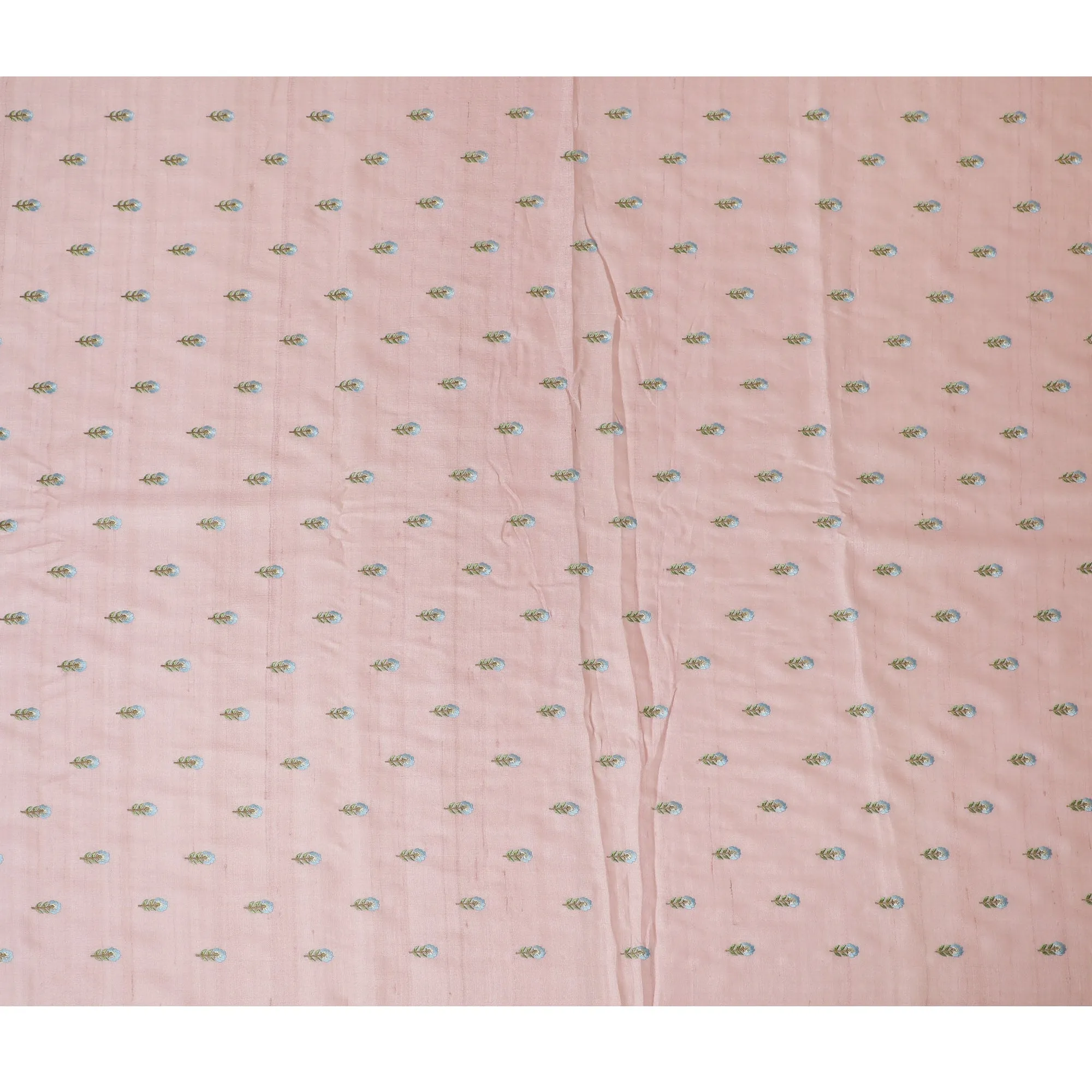 Charming Blush Pink Tussar Silk Fabric with Delicate Blue Floral Motifs, 110 cm Wide - Traditional Indian Craftsmanship-D18971