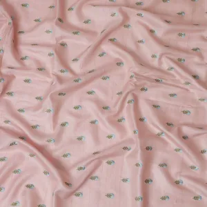 Charming Blush Pink Tussar Silk Fabric with Delicate Blue Floral Motifs, 110 cm Wide - Traditional Indian Craftsmanship-D18971