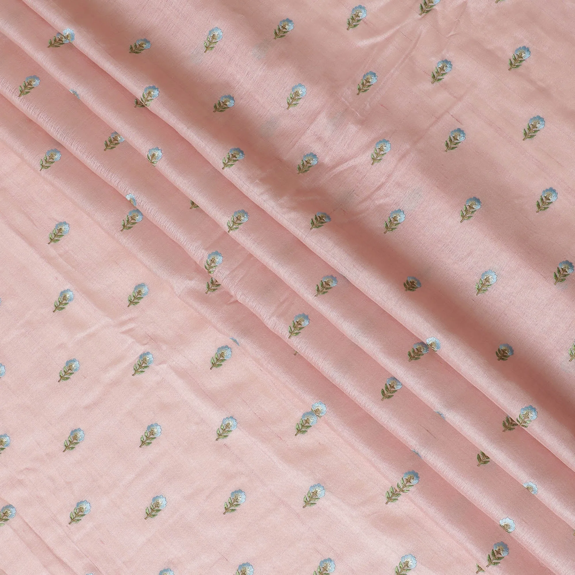 Charming Blush Pink Tussar Silk Fabric with Delicate Blue Floral Motifs, 110 cm Wide - Traditional Indian Craftsmanship-D18971