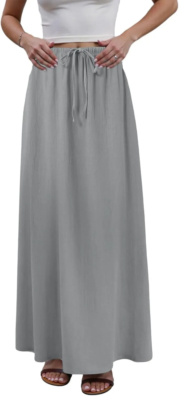 cooki Linen Skirts for Women Flared Maxi Summer Casual Vacation Boho Elastic Waist Drawstring Long Flowy Ankle-Length Skirt