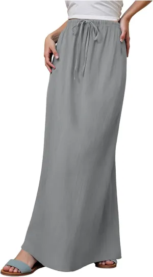 cooki Linen Skirts for Women Flared Maxi Summer Casual Vacation Boho Elastic Waist Drawstring Long Flowy Ankle-Length Skirt