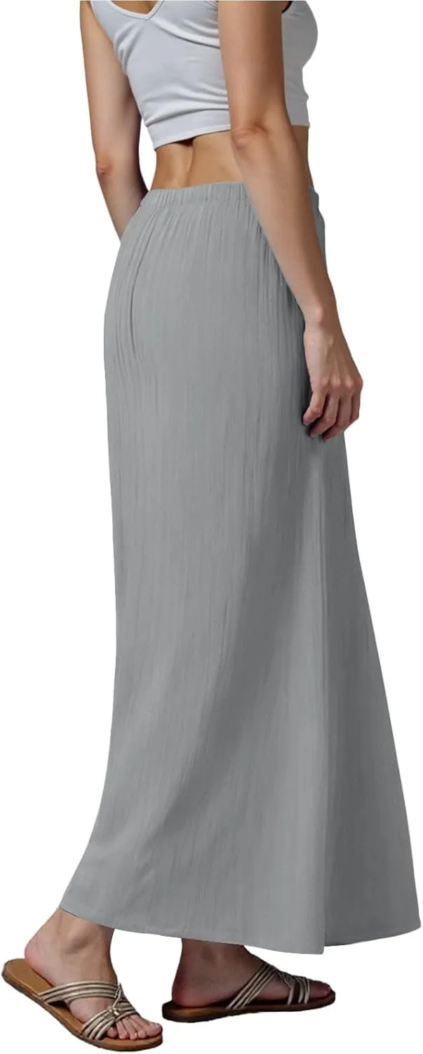 cooki Linen Skirts for Women Flared Maxi Summer Casual Vacation Boho Elastic Waist Drawstring Long Flowy Ankle-Length Skirt