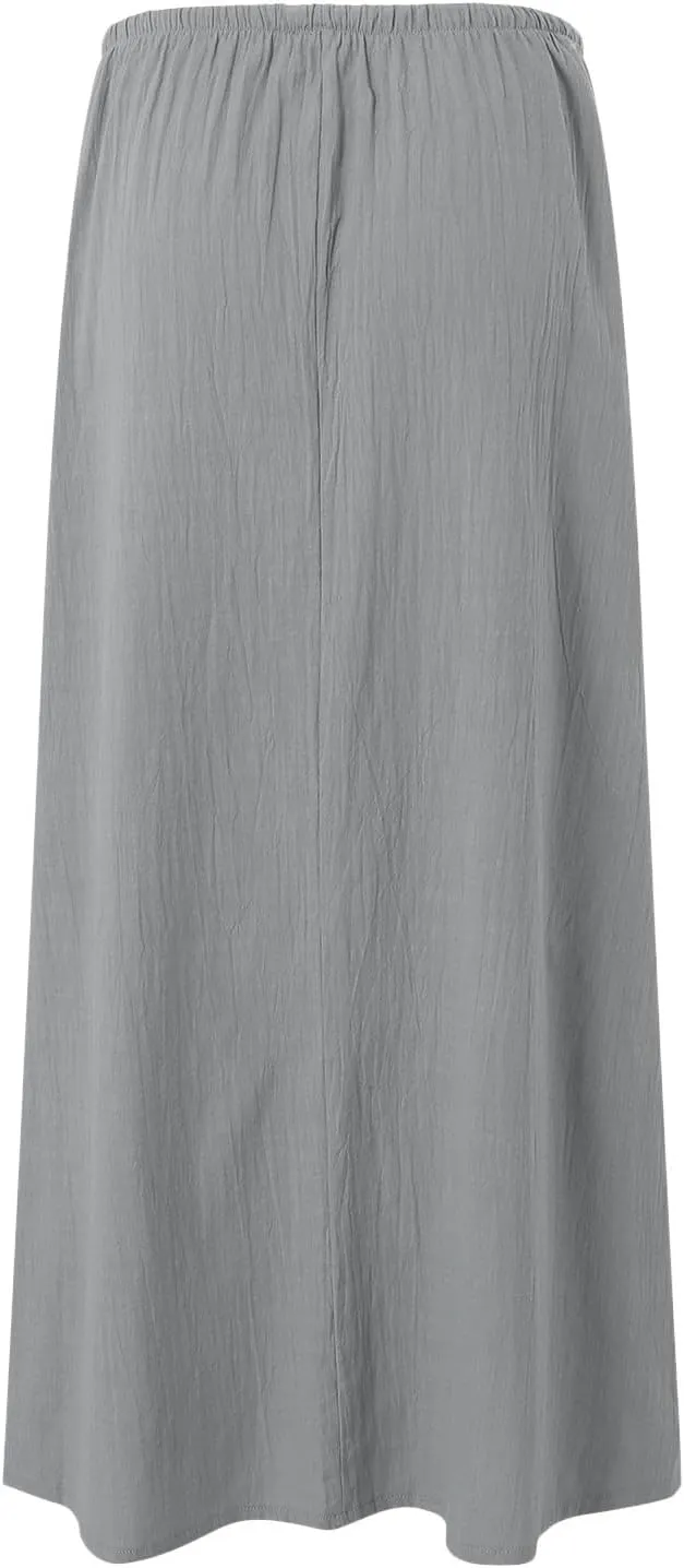 cooki Linen Skirts for Women Flared Maxi Summer Casual Vacation Boho Elastic Waist Drawstring Long Flowy Ankle-Length Skirt