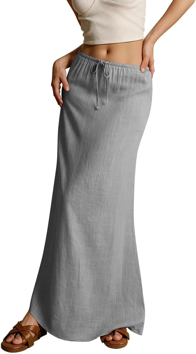 cooki Linen Skirts for Women Flared Maxi Summer Casual Vacation Boho Elastic Waist Drawstring Long Flowy Ankle-Length Skirt