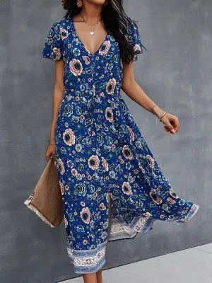 deanwangkt Flower Button Drawstring V-neck Short Sleeve Print Dress For Women