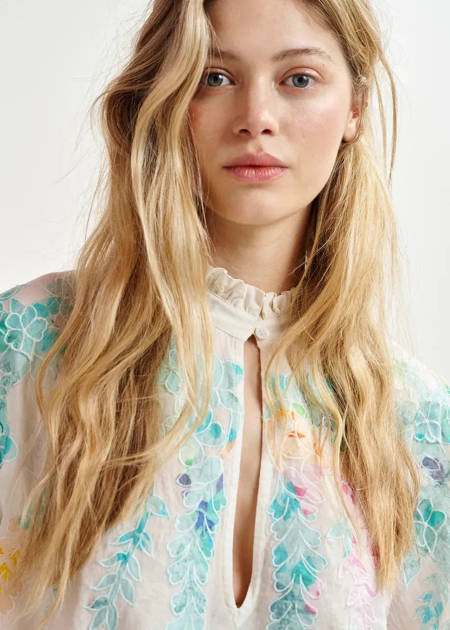 Essentiel Antwerp Hitrus Off-white, orange and pink cotton top with floral embroidery and mandarin collar