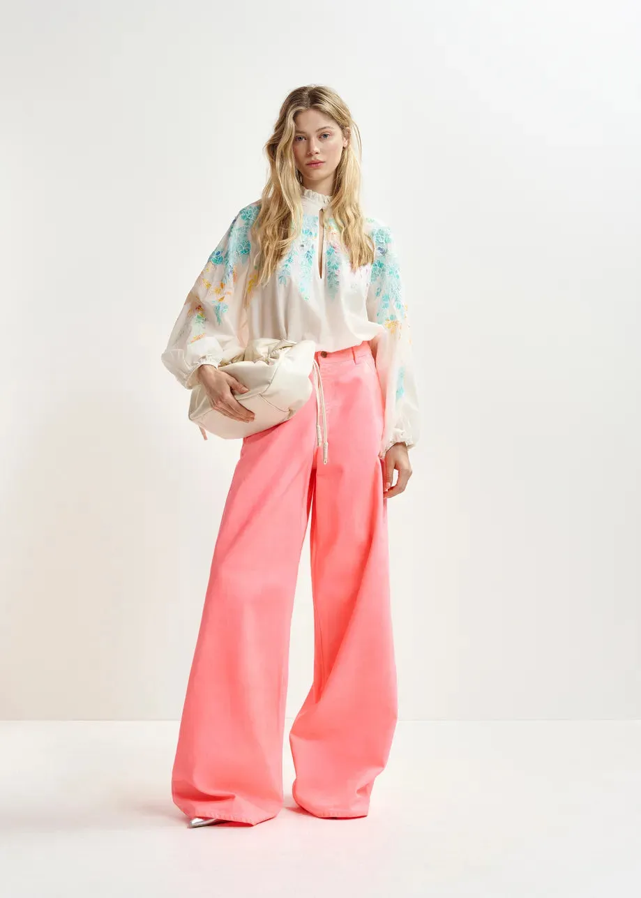 Essentiel Antwerp Hitrus Off-white, orange and pink cotton top with floral embroidery and mandarin collar