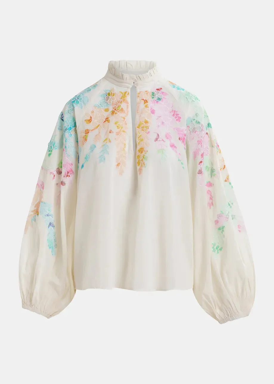 Essentiel Antwerp Hitrus Off-white, orange and pink cotton top with floral embroidery and mandarin collar