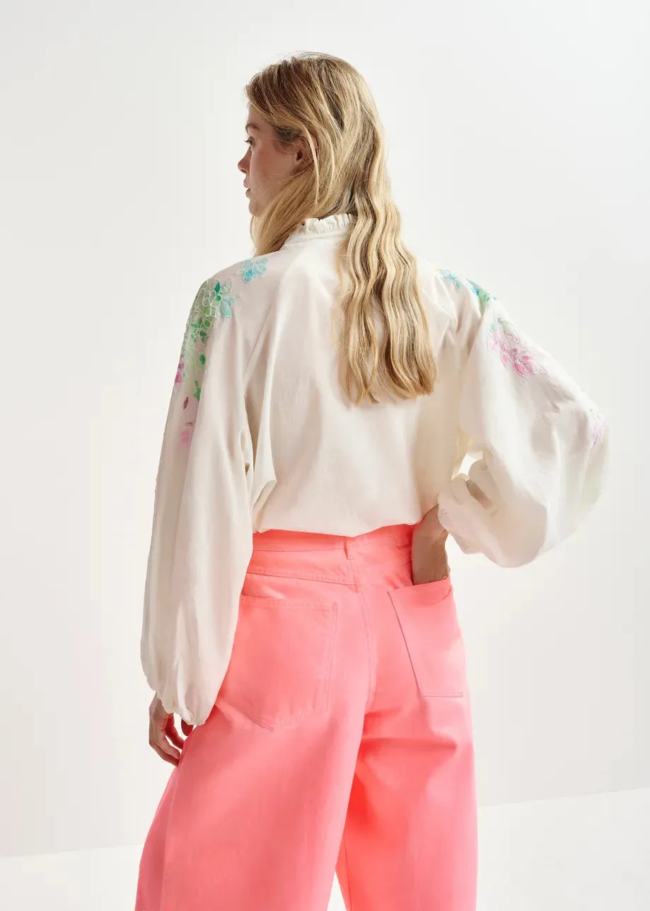 Essentiel Antwerp Hitrus Off-white, orange and pink cotton top with floral embroidery and mandarin collar