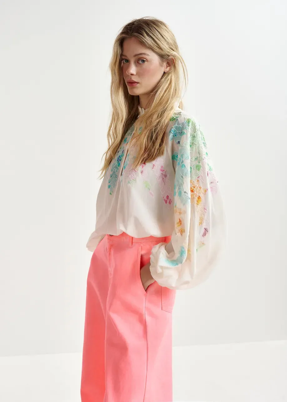 Essentiel Antwerp Hitrus Off-white, orange and pink cotton top with floral embroidery and mandarin collar