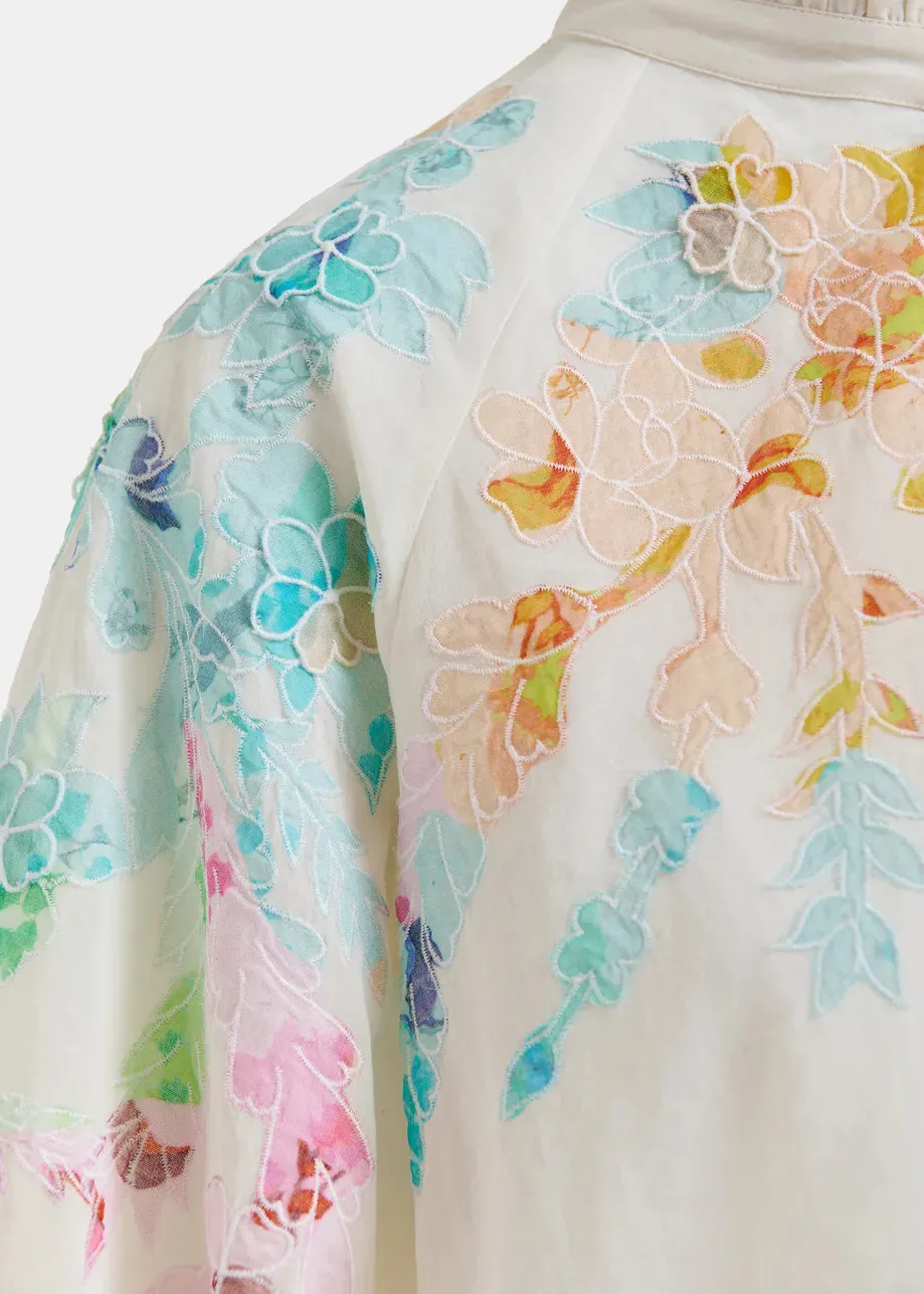 Essentiel Antwerp Hitrus Off-white, orange and pink cotton top with floral embroidery and mandarin collar