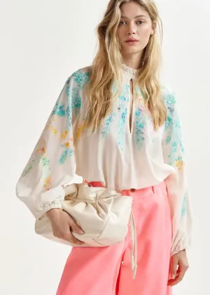 Essentiel Antwerp Hitrus Off-white, orange and pink cotton top with floral embroidery and mandarin collar