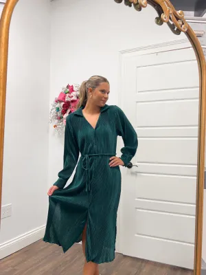 Evergreen Pleated Shirt Dress