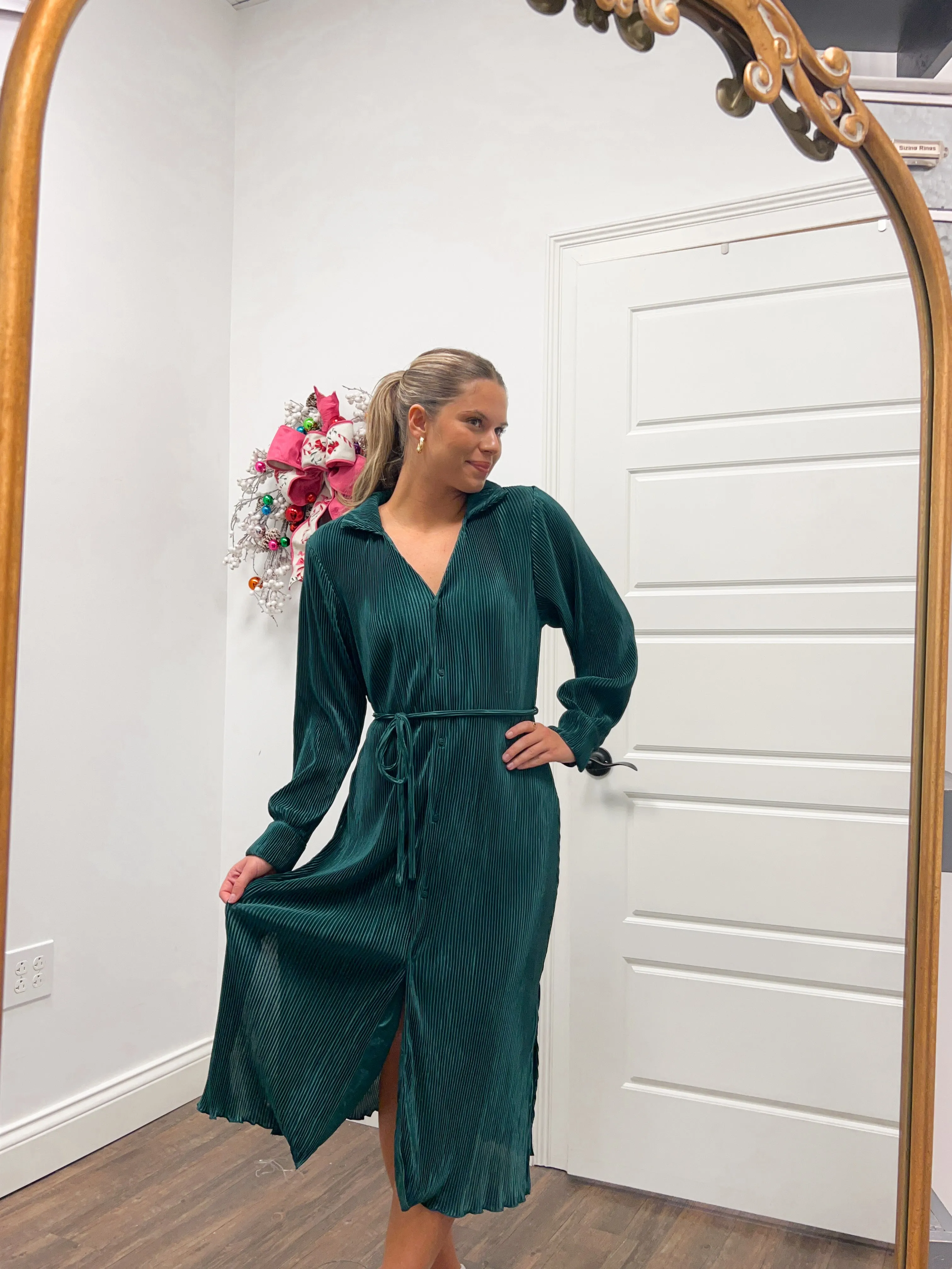 Evergreen Pleated Shirt Dress