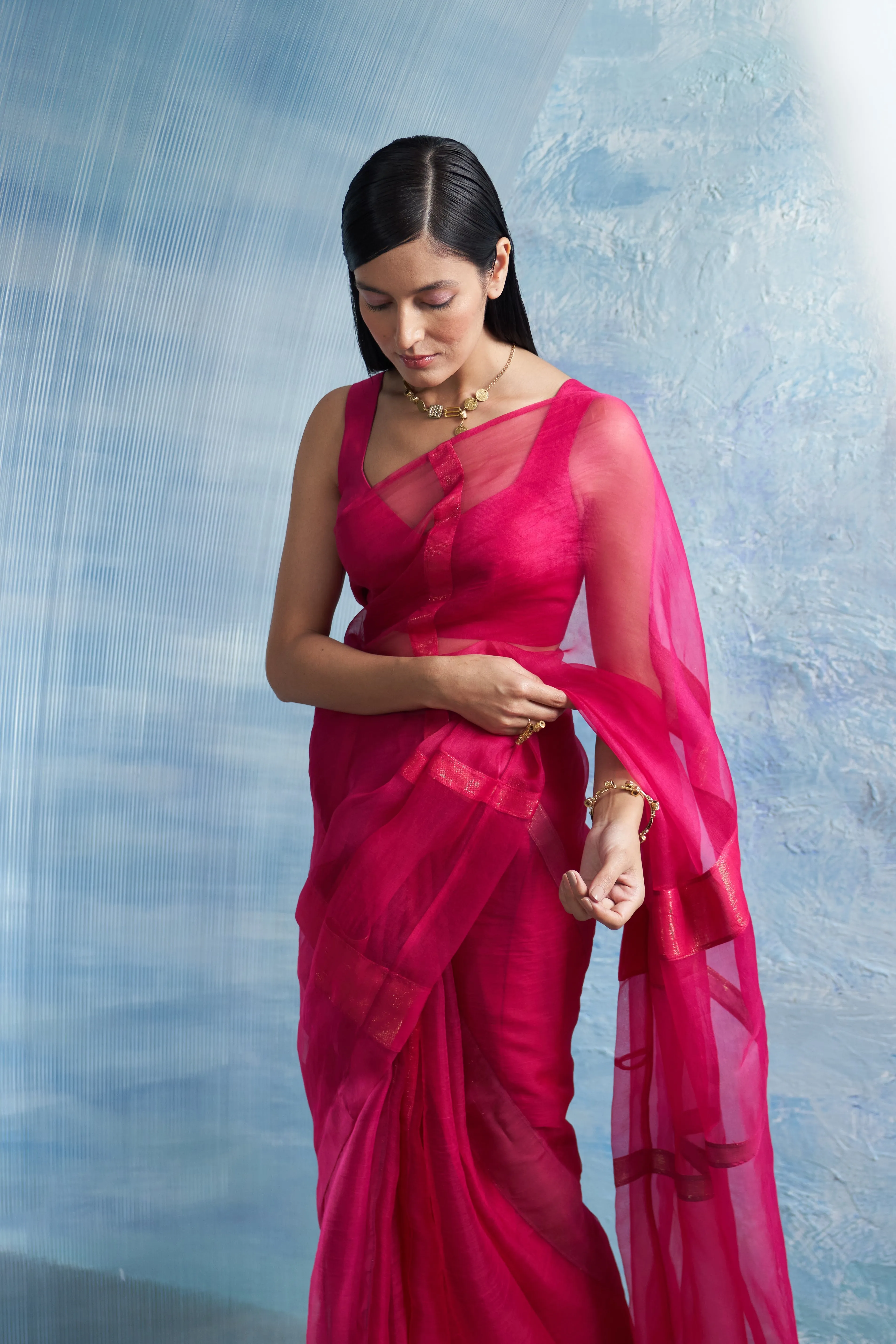 Fuchsia Pink Organza Saree with Blouse