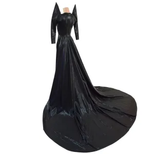 Glinda Gown in Black Mystique with 3/4 Mega Sharp Shoulder Sleeves