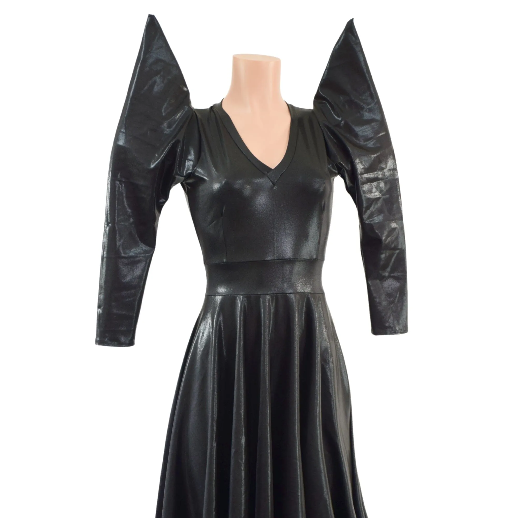 Glinda Gown in Black Mystique with 3/4 Mega Sharp Shoulder Sleeves
