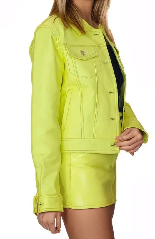 Handcrafted Women's Sheepskin Leather Trucker Jacket – Premium Style Lime Green
