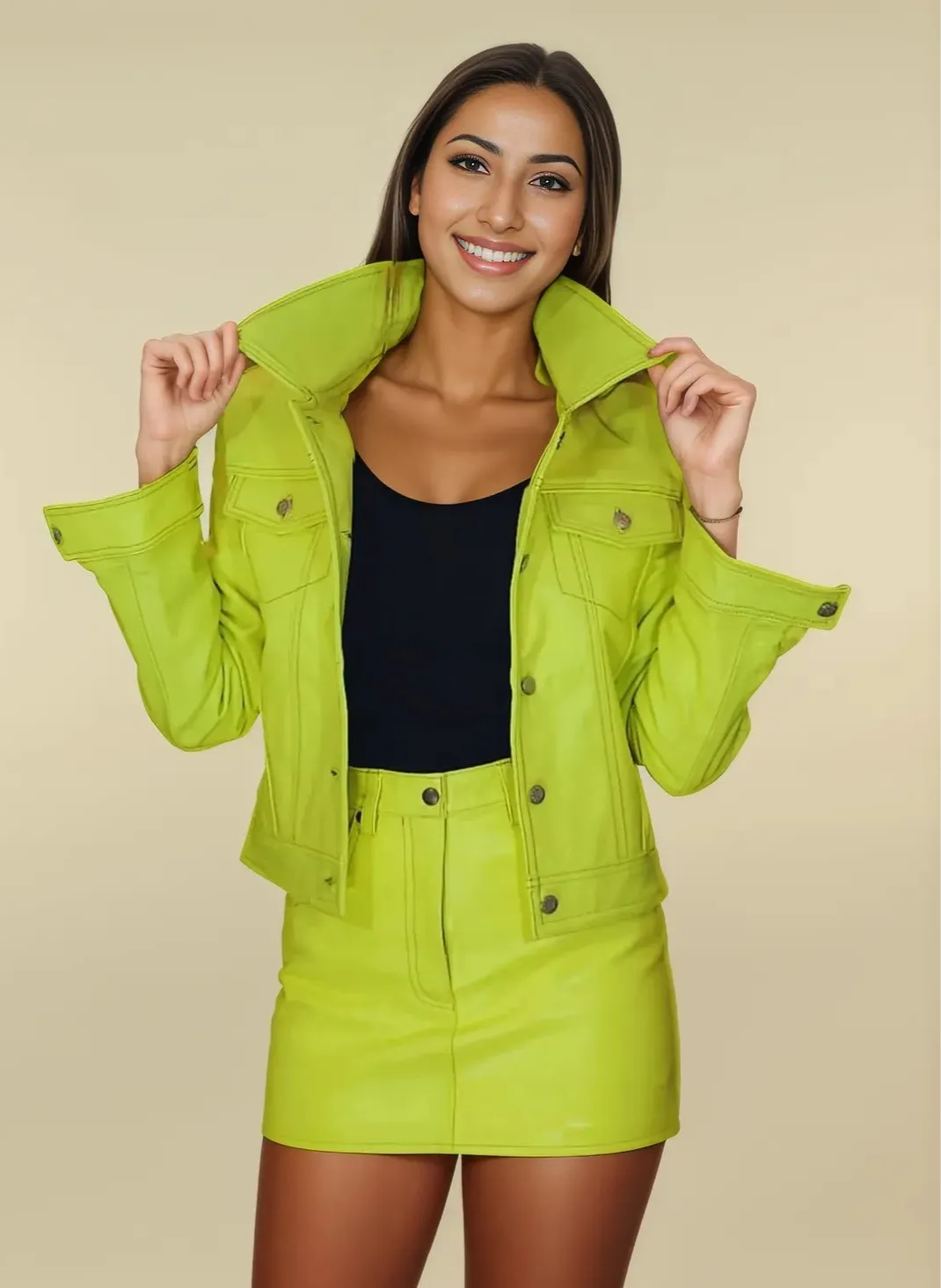 Handcrafted Women's Sheepskin Leather Trucker Jacket – Premium Style Lime Green