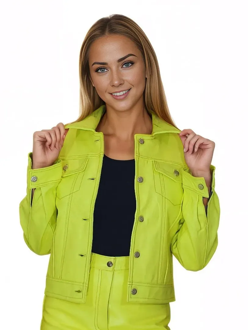Handcrafted Women's Sheepskin Leather Trucker Jacket – Premium Style Lime Green
