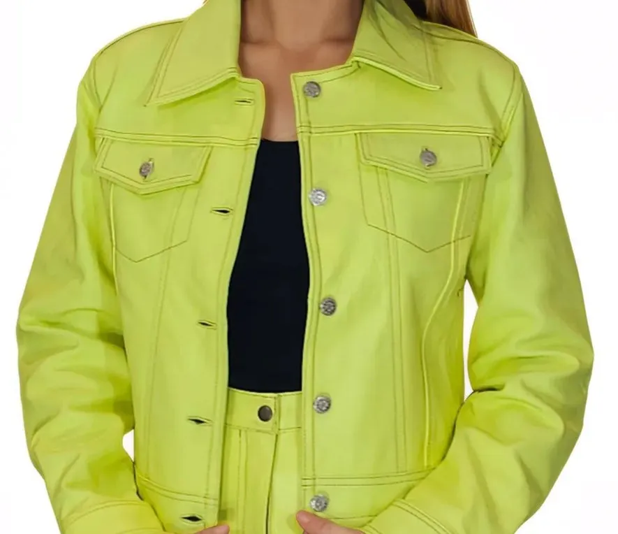 Handcrafted Women's Sheepskin Leather Trucker Jacket – Premium Style Lime Green