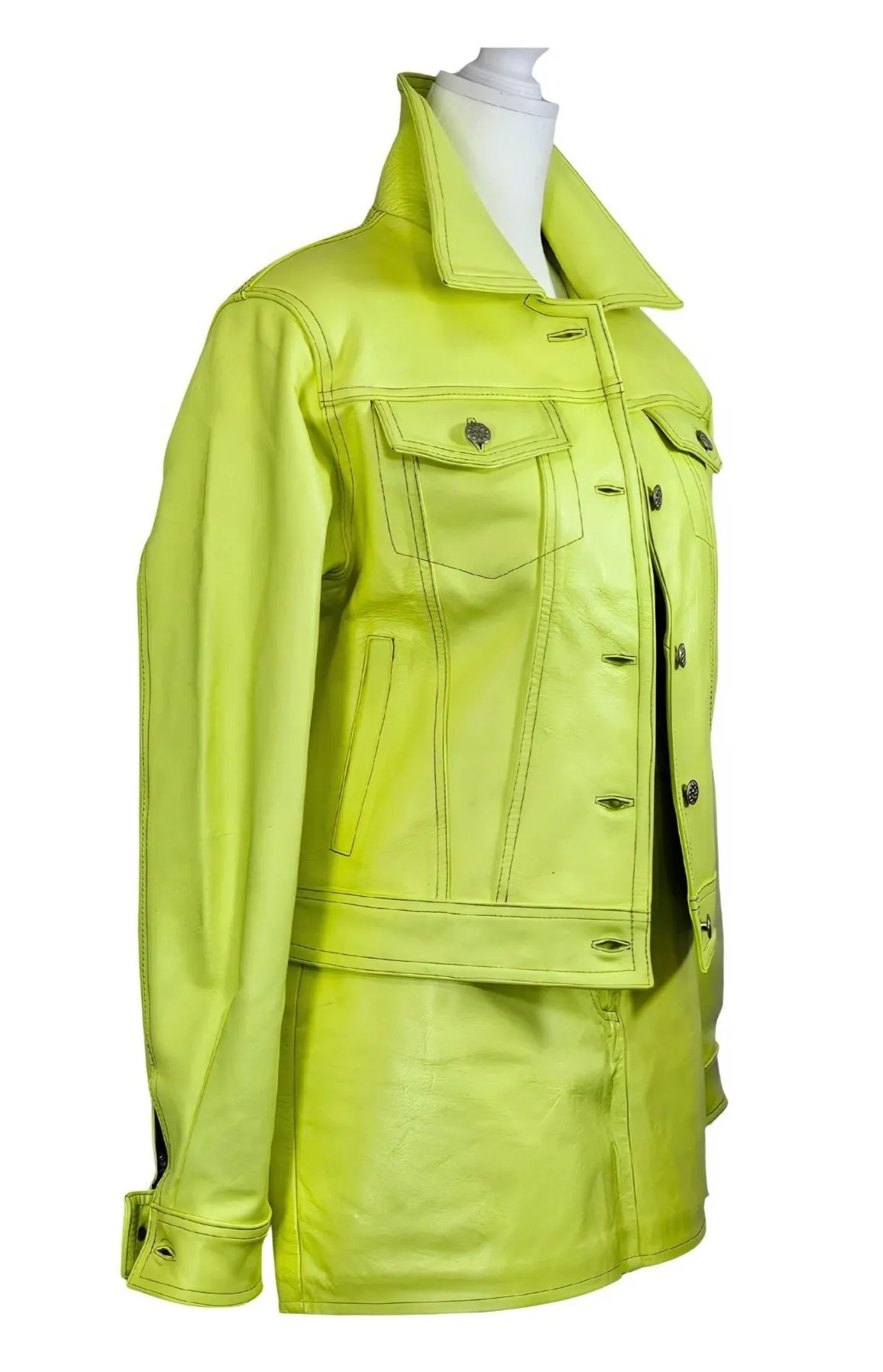 Handcrafted Women's Sheepskin Leather Trucker Jacket – Premium Style Lime Green